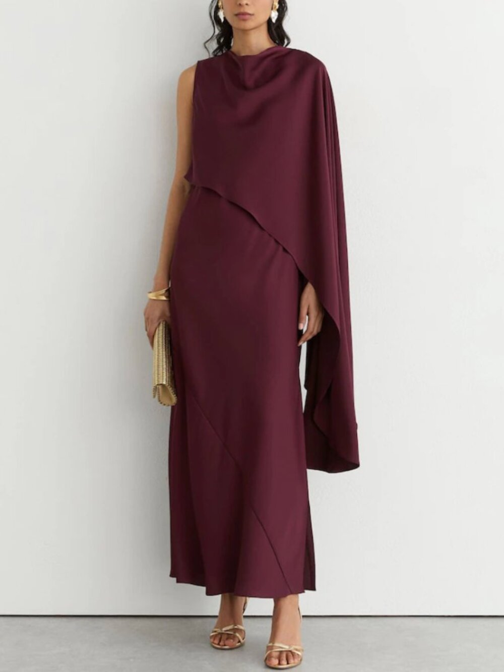 REISS Winnie Asymmetric Maxi Dress Gown Berry Red Cape-Detail Cocktail Event - Picture 3 of 11